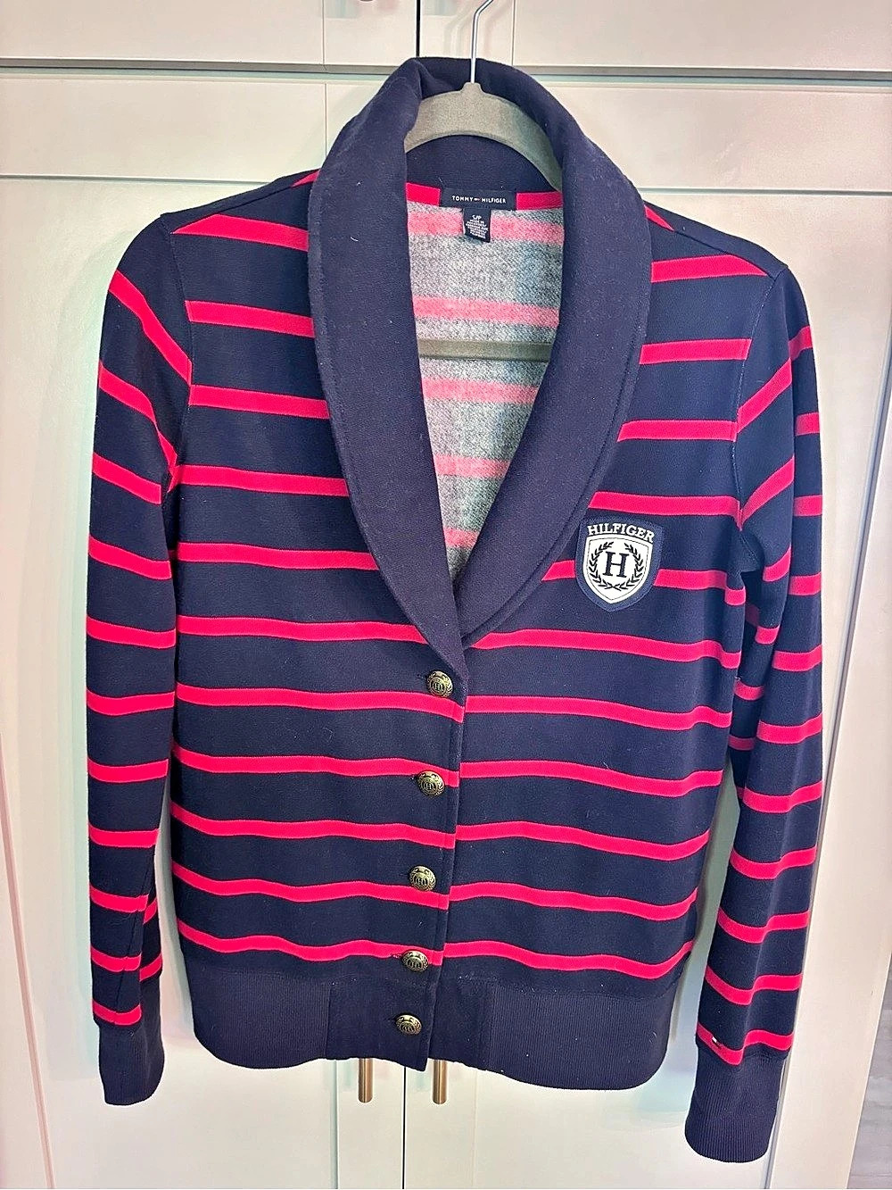 Tommy Hilfiger crest cardigan Striped Cardigan in Navy and Red.